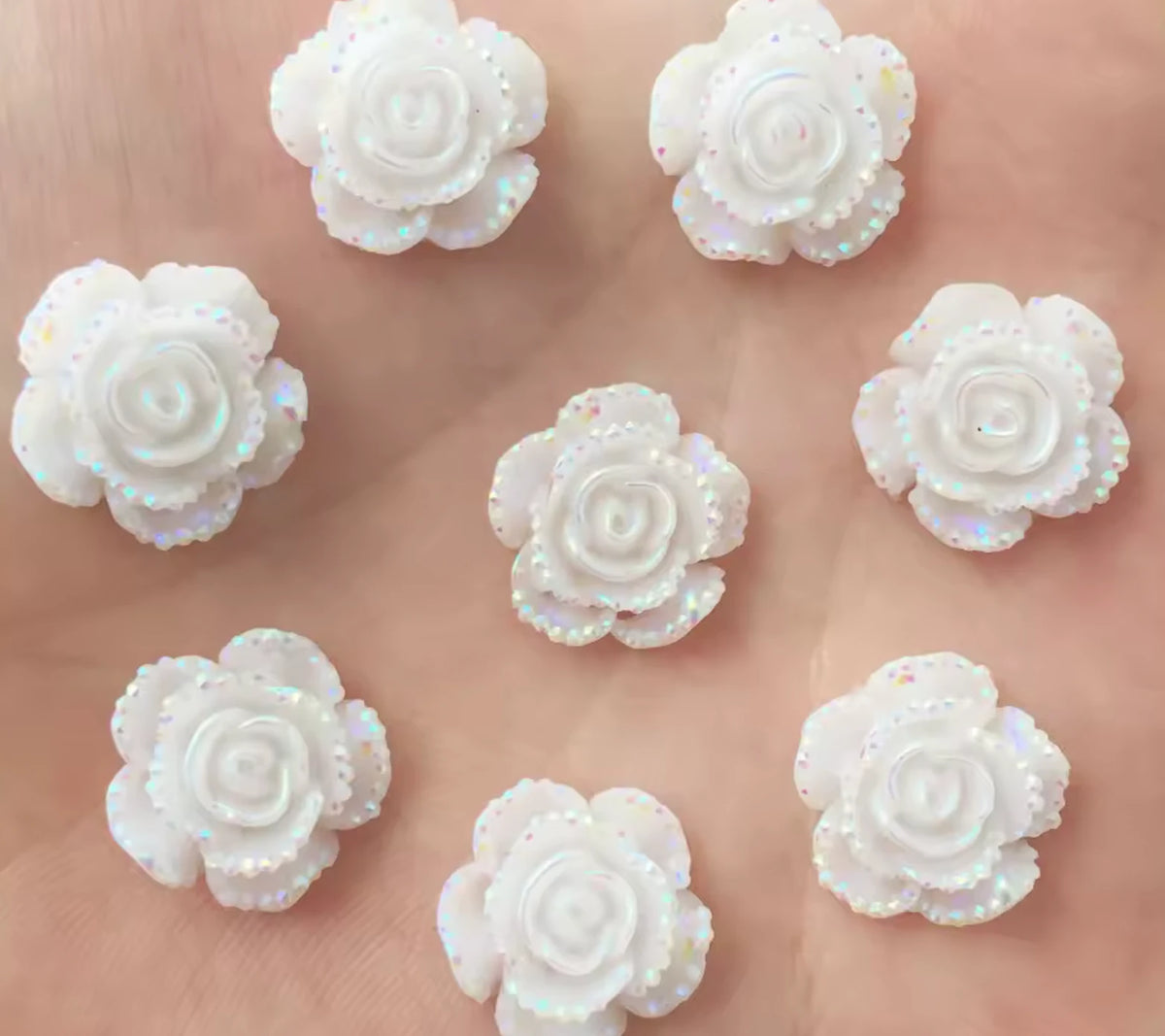 15mm White AB Mixed Roses with A Flat Profile, Glue on, Resin Gem, (Sold in Pair) Resin Gems