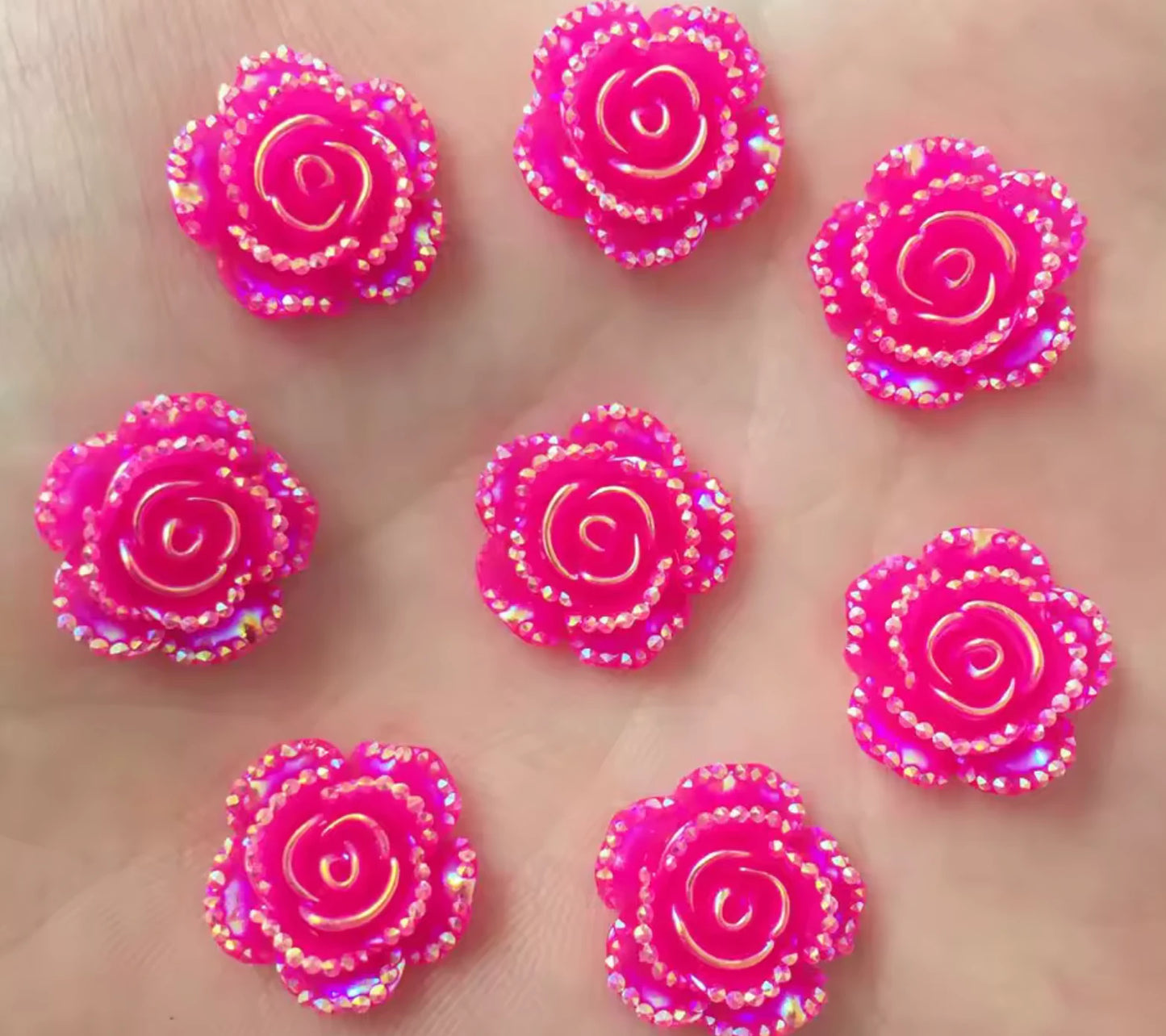 15mm Hot Neon Pink AB Mixed Roses with A Flat Profile, Glue on, Resin Gem, (Sold in Pair) Resin Gems