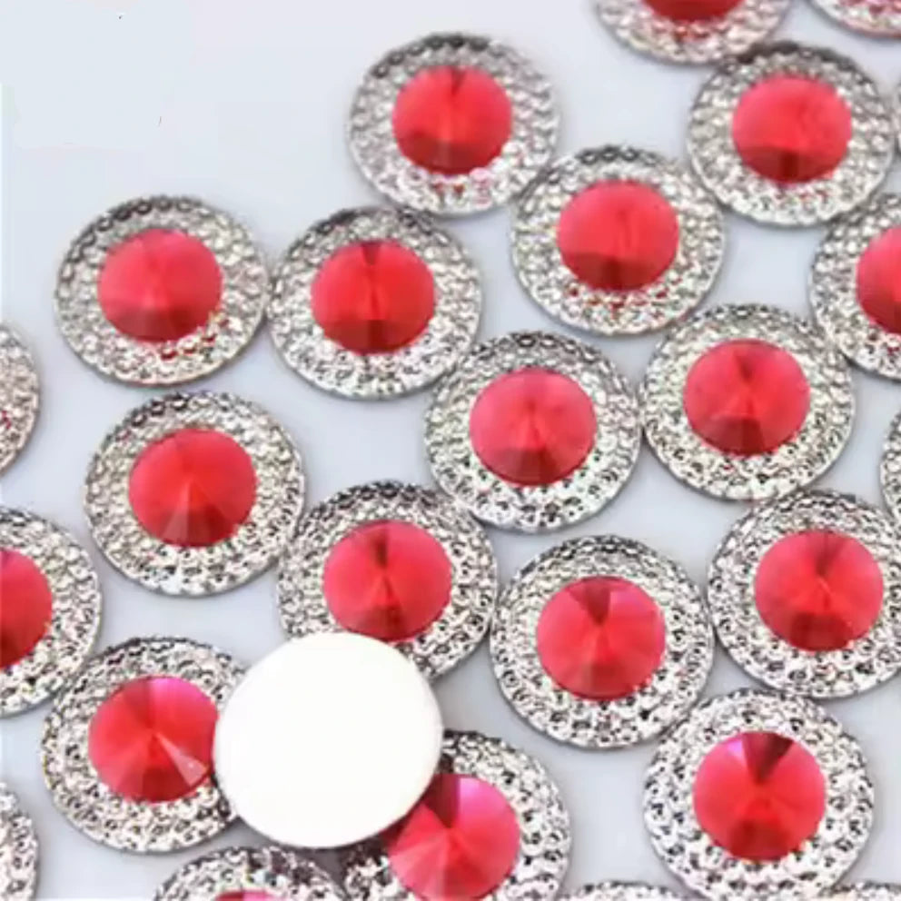 20mm Dark Pink Jewel Tone with Silver Frame Round, Sew On, Resin Gem, (Sold in Pair) Resin Gems