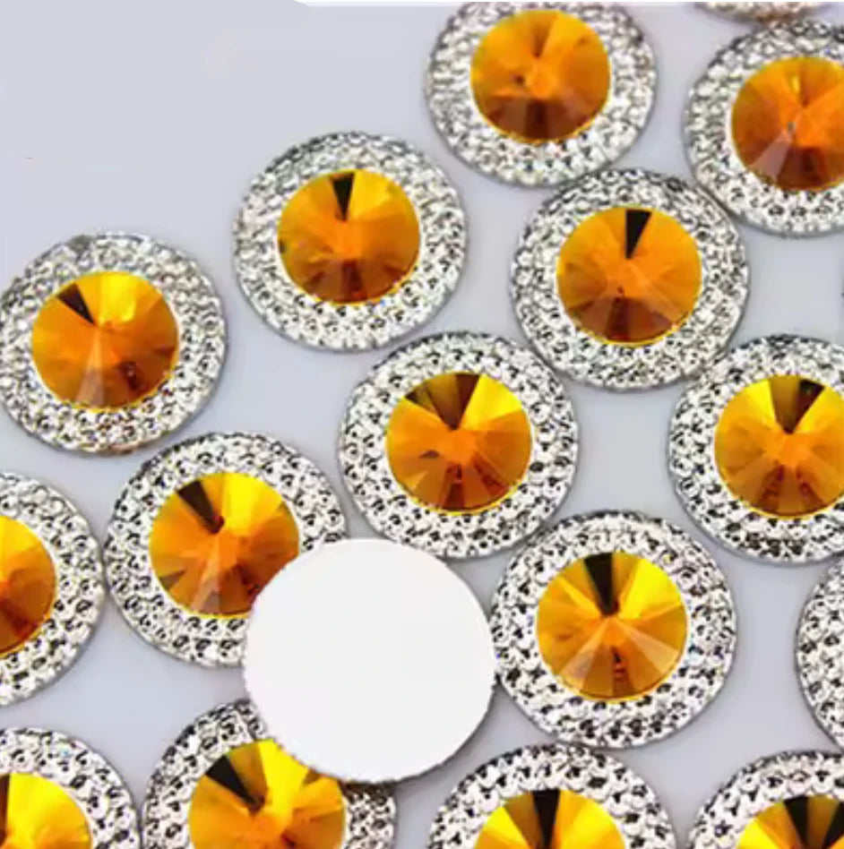 20mm Yellow Jewel Tone with Silver Frame Round, Sew On, Resin Gem, (Sold in Pair) Resin Gems