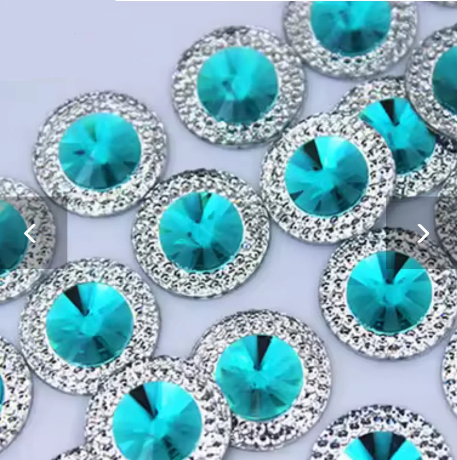 20mm Aqua Blue Jewel Tone with Silver Frame Round, Sew On, Resin Gem, (Sold in Pair) Resin Gems