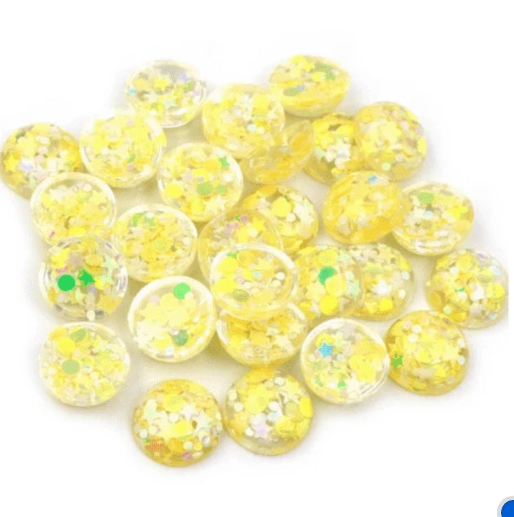 12mm Yellow AB Confetti Stars Moon AB Confetti in Clear Dome Rivoli, Glue on, Resin Gem, (Sold in Pair) Resin Gems