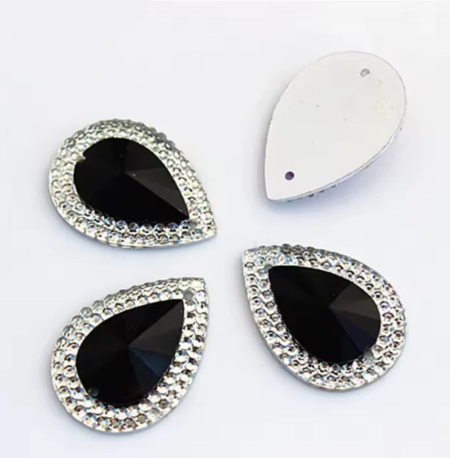13*18mm Black Jewel Mixed Colourful Jewels with Silver Frame, Sew On, Resin Gem, (Sold in Pair) Resin Gems