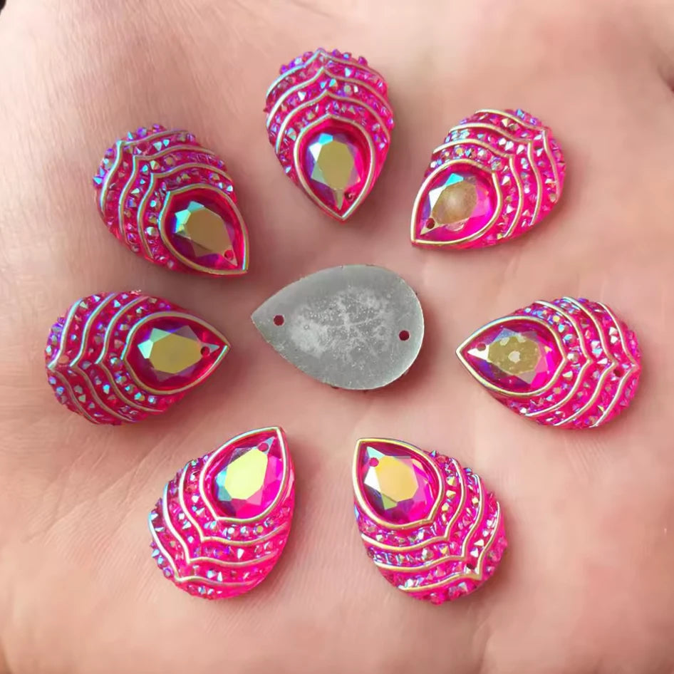 18*25mm Dark Pink/Red Peacock Mixed AB Teardrop, Sew On, Resin Gem, (Sold in Pair) Resin Gems