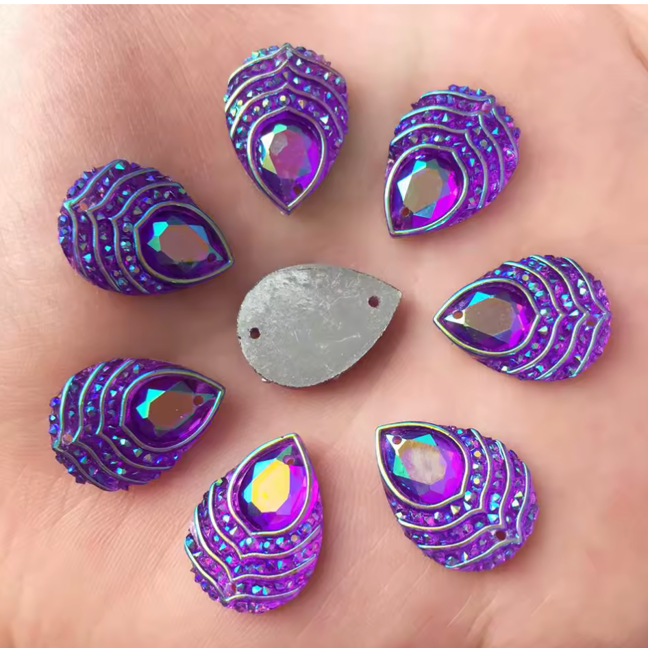 13*18mm Purple AB Peacock Feather with Stripes Pattern, Sew On, Resin Gem, (Sold in Pair) Resin Gems