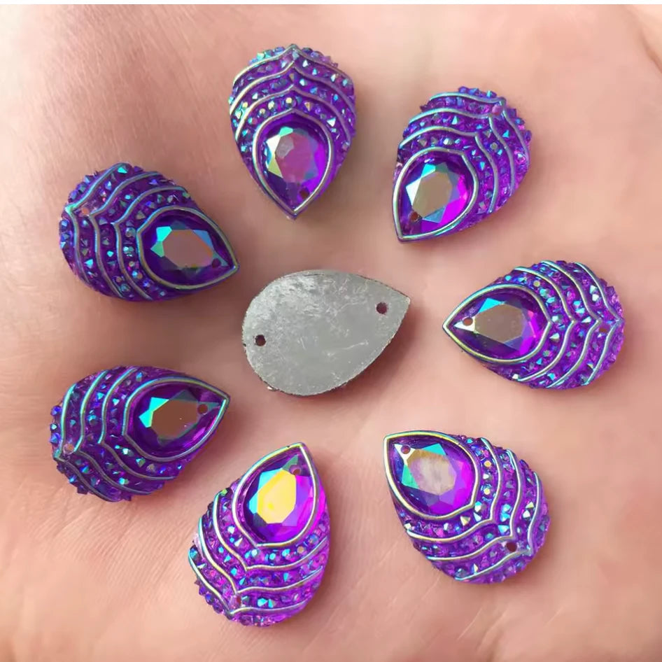 13*18mm Purple AB Peacock Feather with Stripes Pattern, Sew On, Resin Gem, (Sold in Pair) Resin Gems