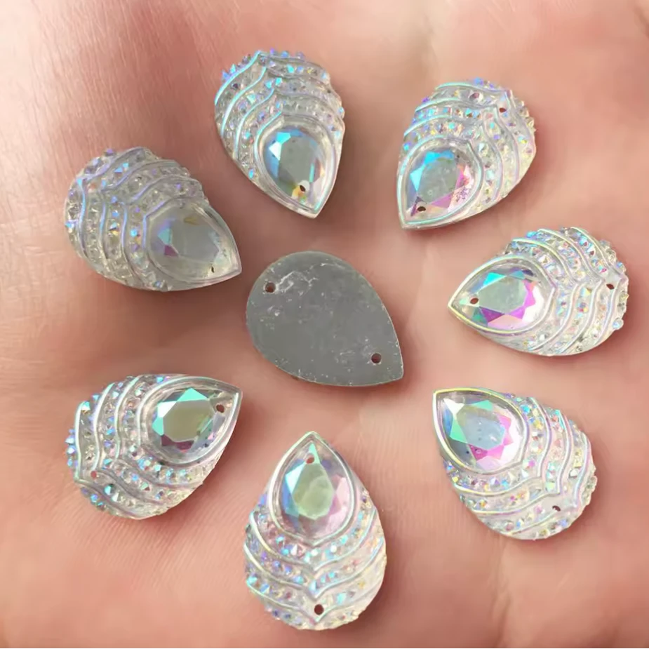 13*18mm White AB Peacock Feather with Stripes Pattern, Sew On, Resin Gem, (Sold in Pair) Resin Gems