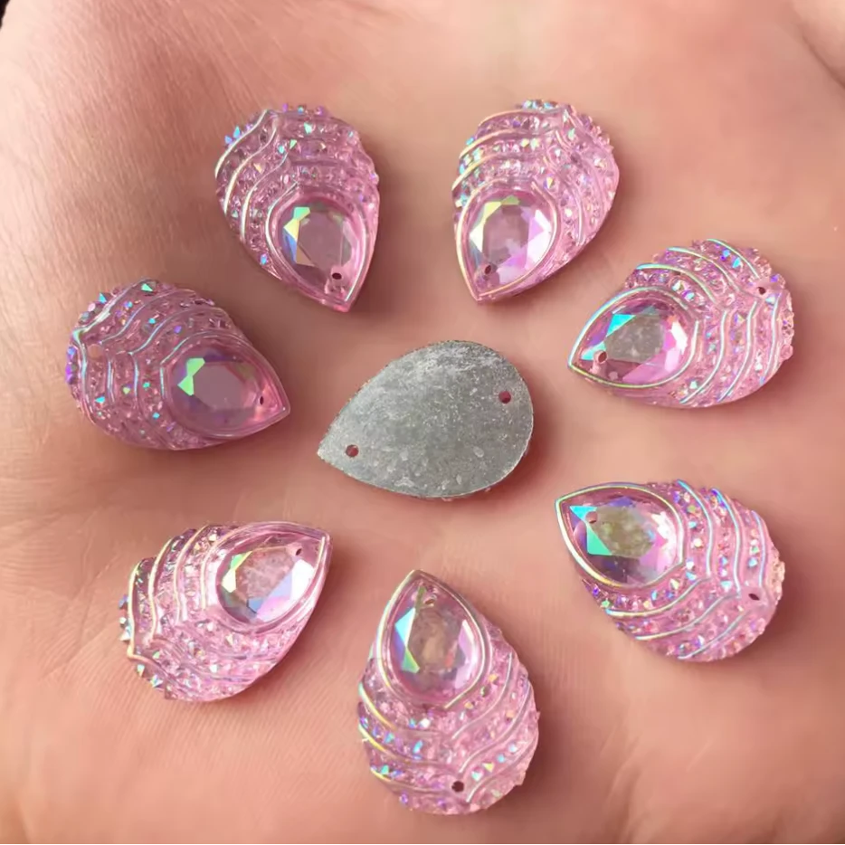 13*18mm Light Pink AB Peacock Feather with Stripes Pattern, Sew On, Resin Gem, (Sold in Pair) Resin Gems