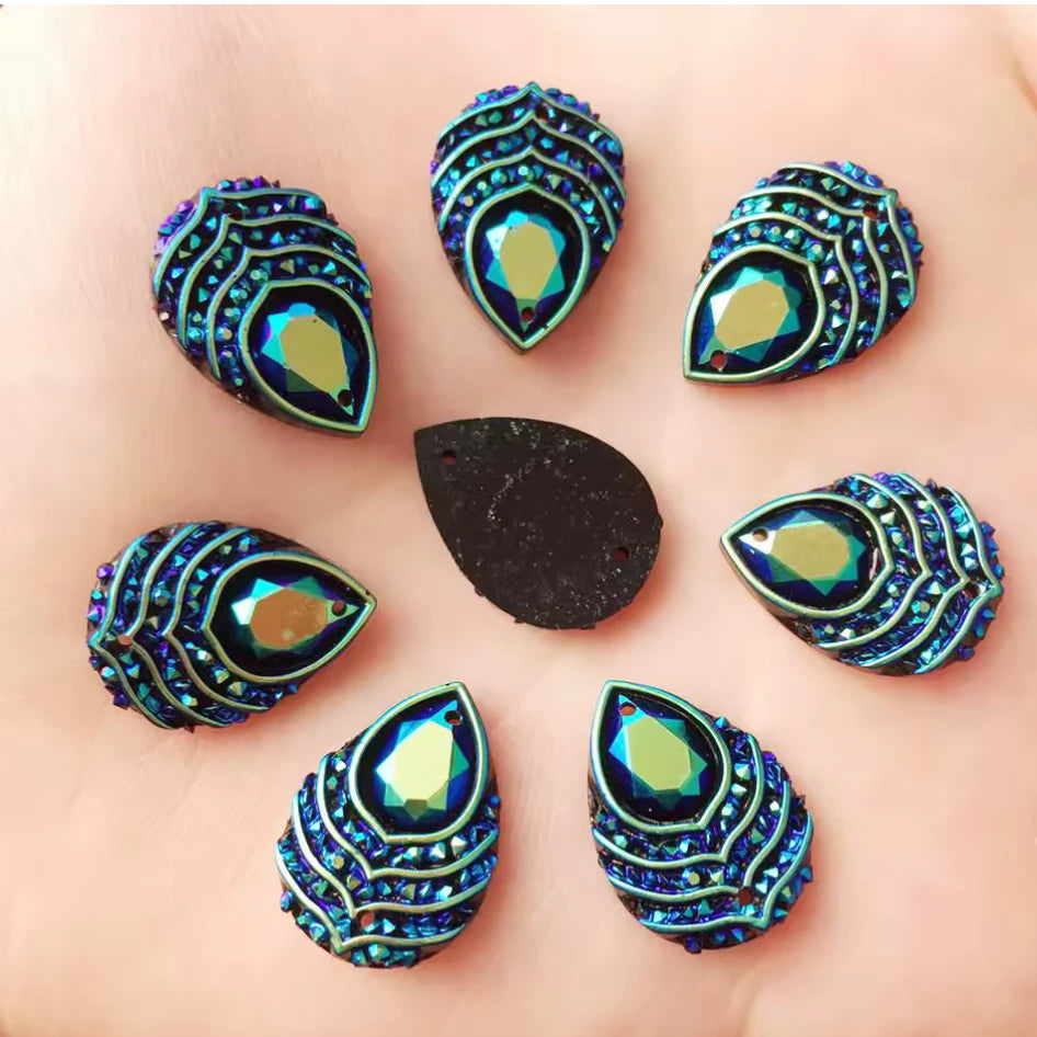 13*18mm Black/Blue AB Peacock Feather with Stripes Pattern, Sew On, Resin Gem, (Sold in Pair) Resin Gems