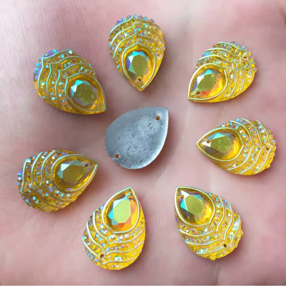 13*18mm Yellow AB Peacock Feather with Stripes Pattern, Sew On, Resin Gem, (Sold in Pair) Resin Gems