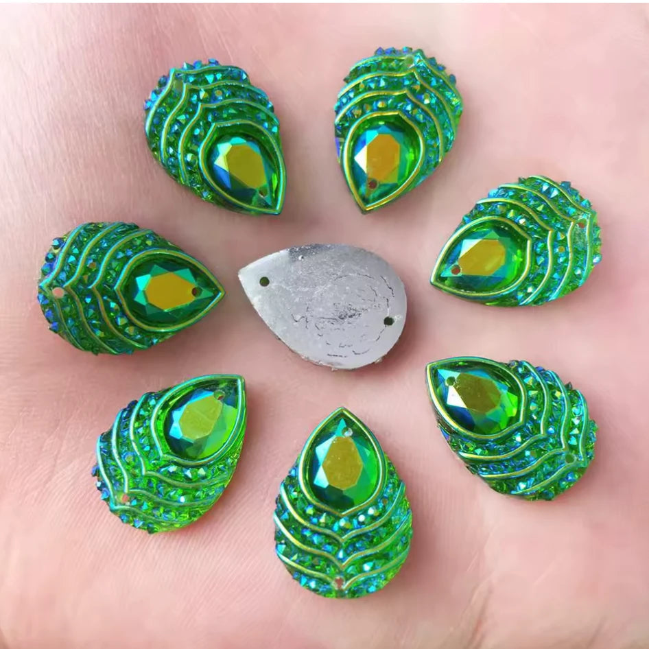 13*18mm Green AB Peacock Feather with Stripes Pattern, Sew On, Resin Gem, (Sold in Pair) Resin Gems