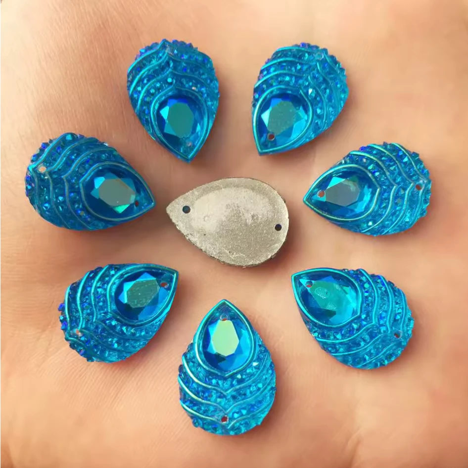 13*18mm Blue AB Peacock Feather with Stripes Pattern, Sew On, Resin Gem, (Sold in Pair) Resin Gems