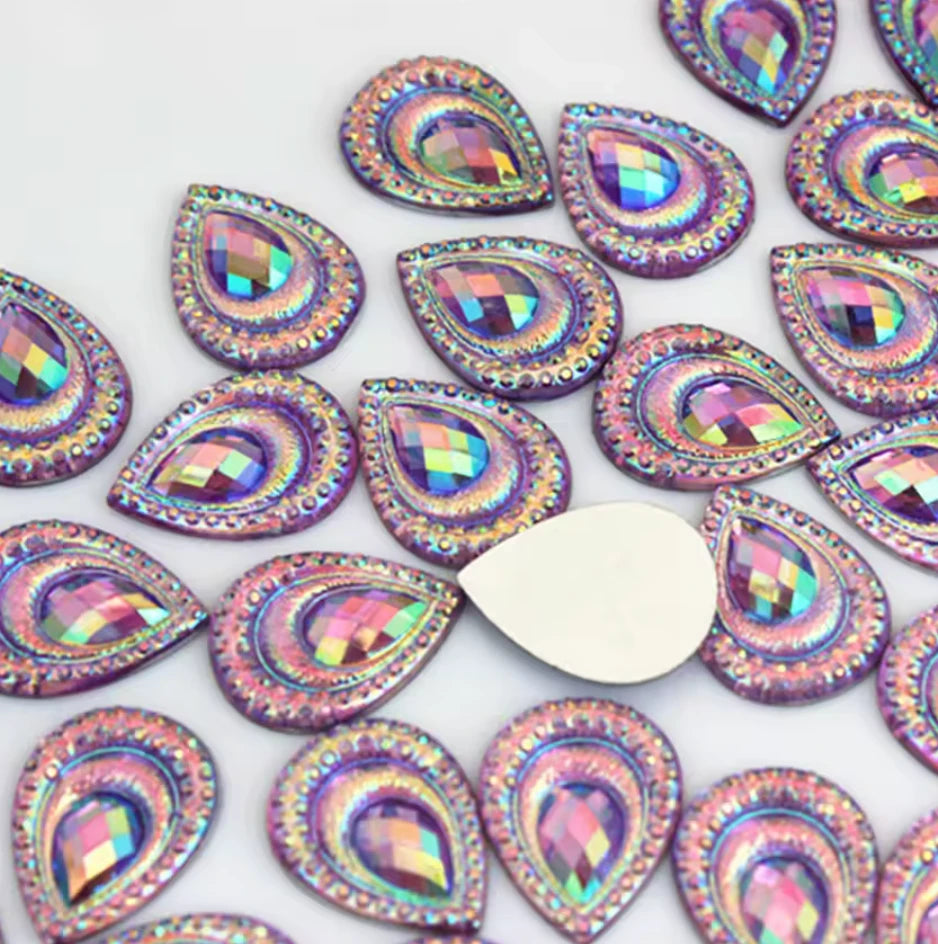 13*18mm Red AB Peacock AB Mini Teardrop, Sew On, Resin Gem, (Sold in Pair) Resin Gems