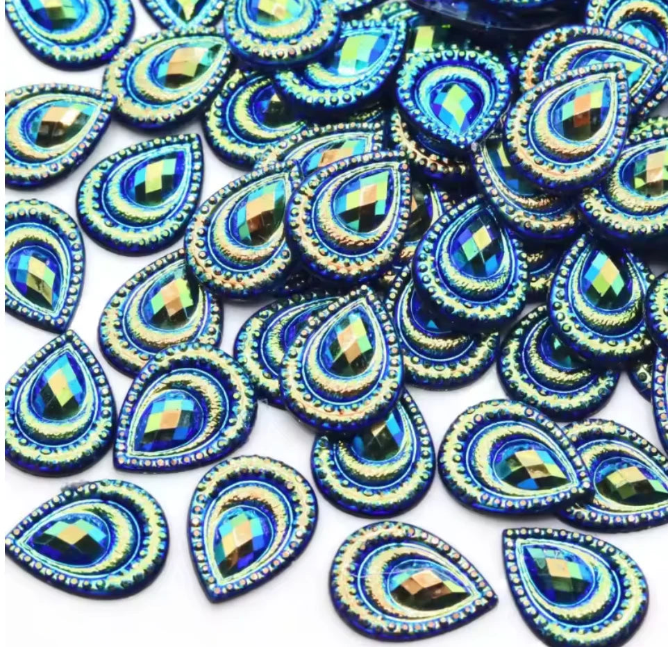 13*18mm Black/Blue AB Peacock AB Mini Teardrop, Sew On, Resin Gem, (Sold in Pair) Resin Gems