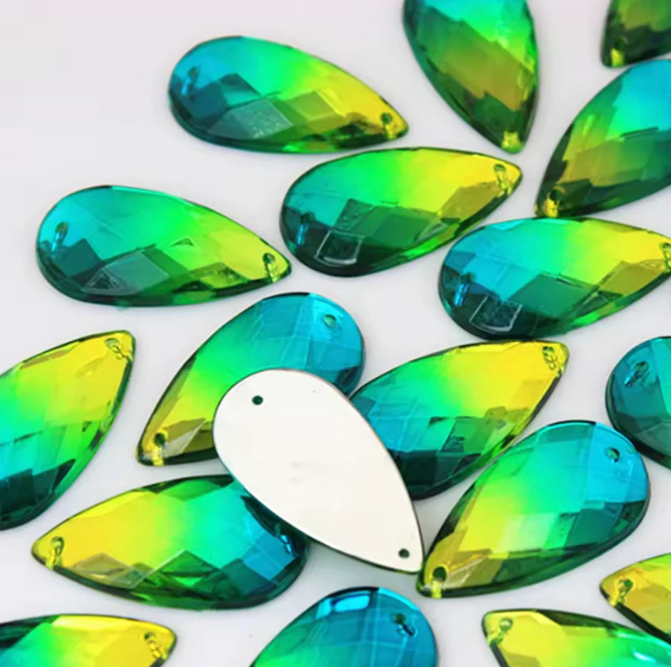 16*20mm Yellow to Teal Green Ombre Long Teardrop, Sew On, Resin Gem, (Sold in Pair) Resin Gems