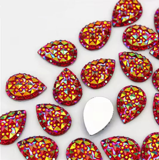 13*18mm Red AB Crinkle Druzy Texture AB Teardrop, Sew On, Resin Gem, (Sold in Pair) Resin Gems
