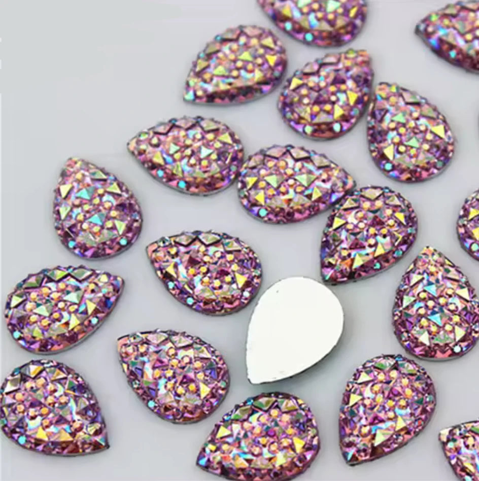 13*18mm Purple AB Crinkle Druzy Texture AB Teardrop, Sew On, Resin Gem, (Sold in Pair) Resin Gems