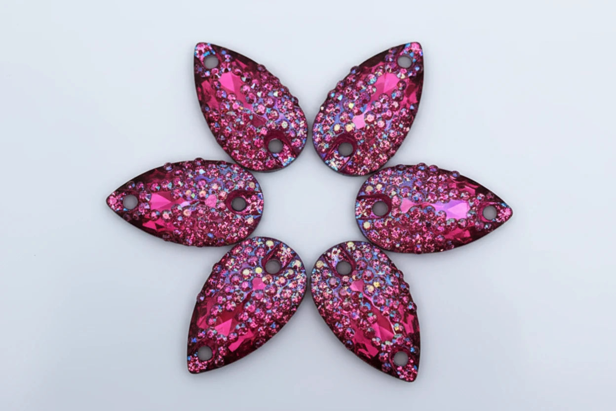 11*18mm Dark Pink AB Mixed Sparkly Zigzag Texture Teardrops, Sew On, Resin Gem, (Sold in Pair) Resin Gems