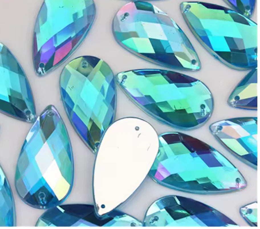 7*12mm Aqua Blue AB Checkered Muli- Checkered Pattern Teardrops, Sew On, Resin Gem, (Sold in Pair) Resin Gems