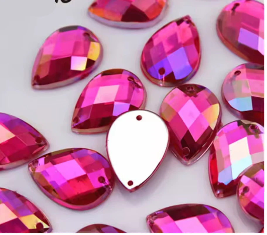 7*12mm Pink AB Checkered Muli- Checkered Pattern Teardrops, Sew On, Resin Gem, (Sold in Pair) Resin Gems