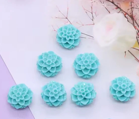 13mm Matte Light Blue Blooming Flower Matte Finish Flat Back, Glue on, Resin Gem, (Sold in Pair) Resin Gems