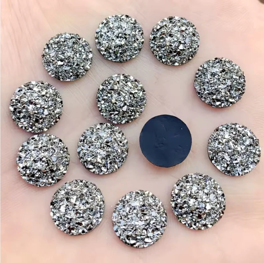 14mm Gunmetal Mixed Druzy Round, Glue on, Resin Gem, (Sold in Pair) Resin Gems