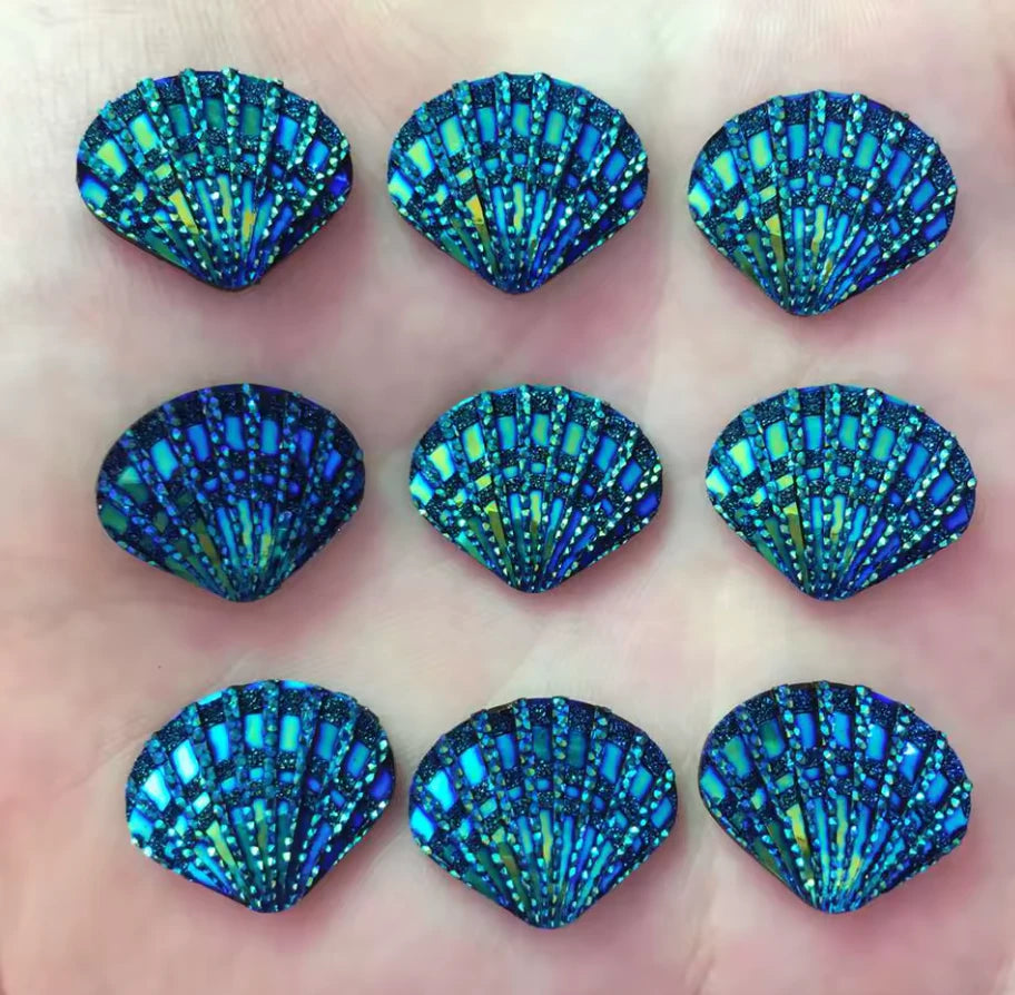 15*17mm Black AB (Blue) Mermaid Shell AB Shaped, Glue on, Resin Gem, (Sold in Pair) Resin Gems