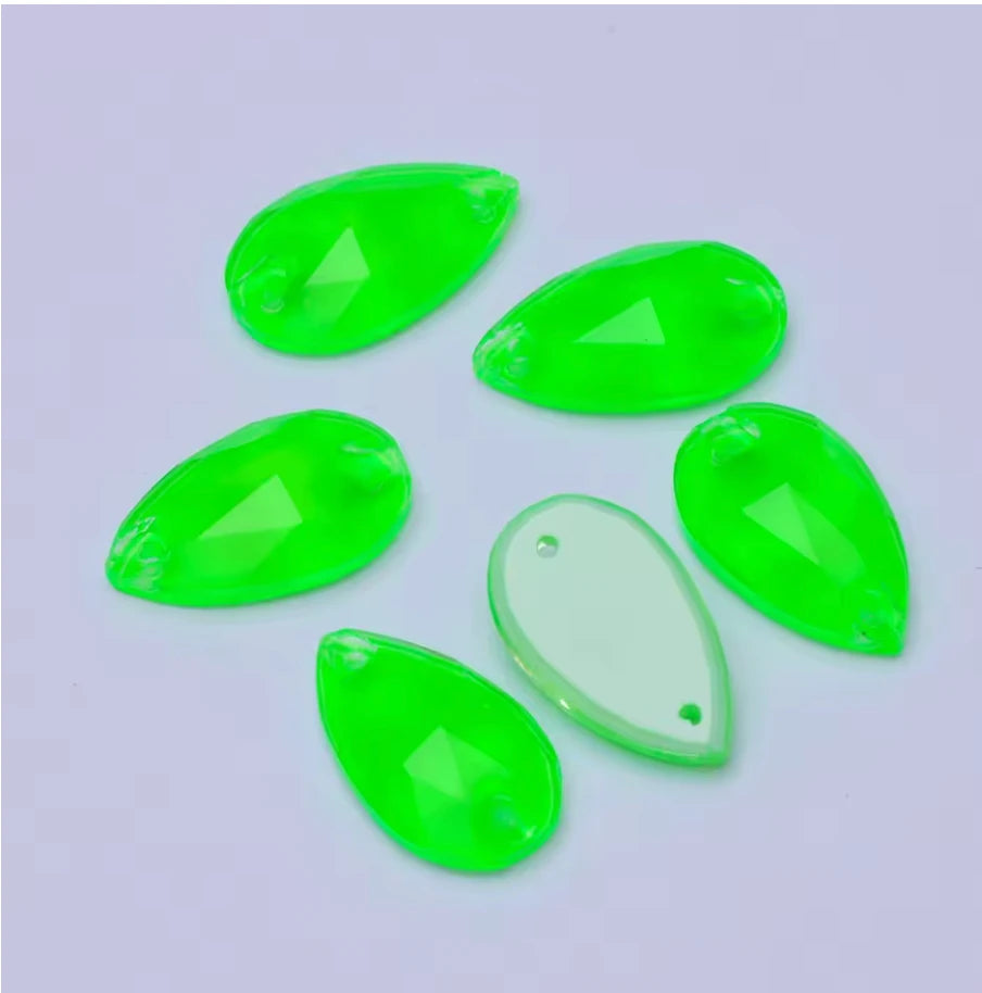 10*18mm Green Neon Teardrop, Sew On, Resin Gem, (Sold in Pair) Resin Gems