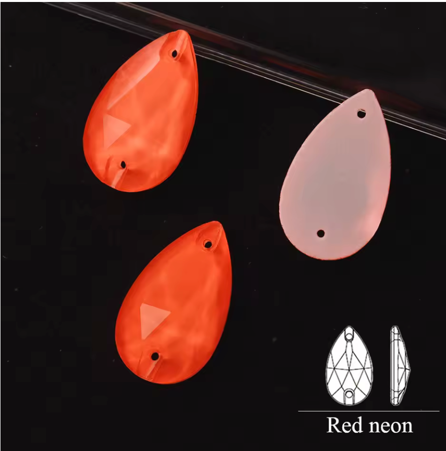 10*18mm Red Neon Teardrop, Sew On, Resin Gem, (Sold in Pair) Resin Gems