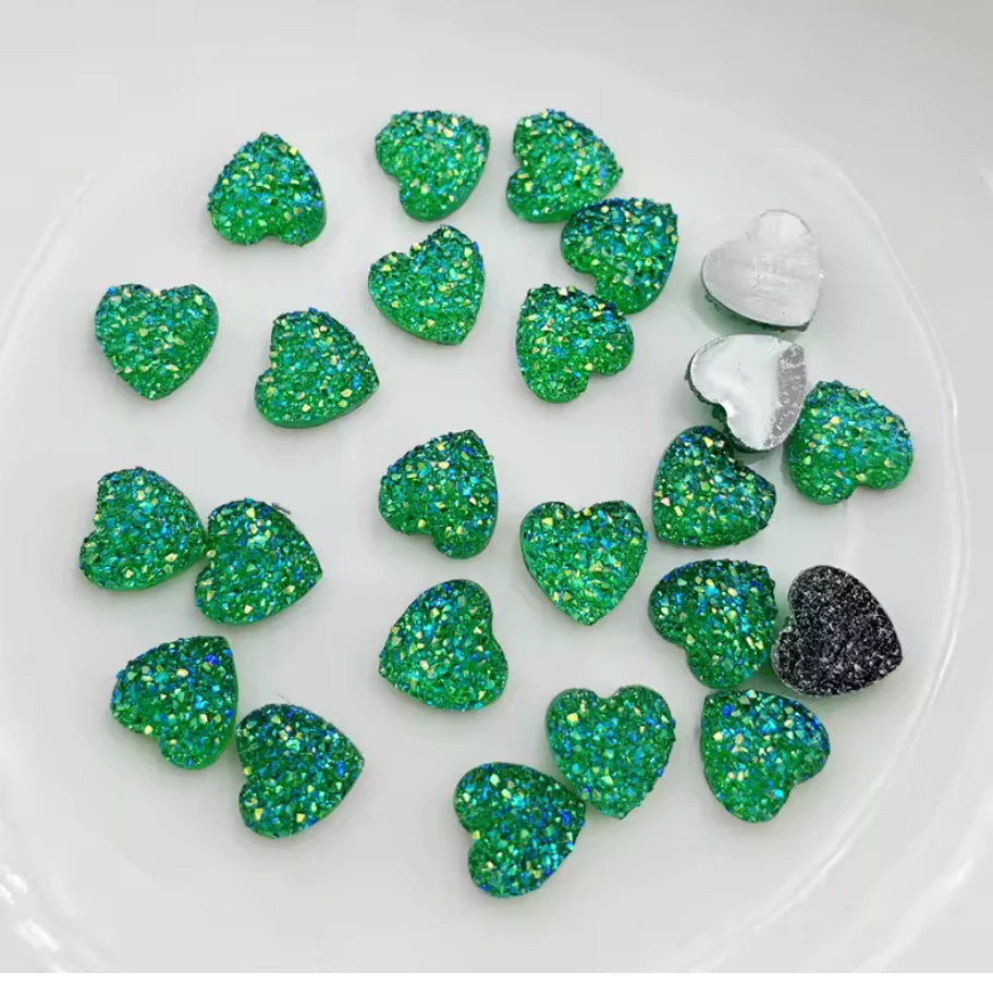 18mm Green AB Green Light Green Gold Yellow AB Dot Texture Heart, Sew On, Resin Gem, (Sold in Pair) Resin Gems