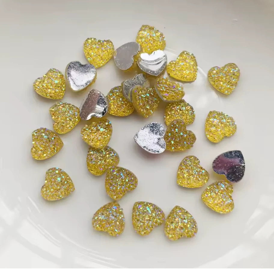18mm Gold Yellow AB Green Light Green Dot Texture Heart, Sew On, Resin Gem, (Sold in Pair) Resin Gems