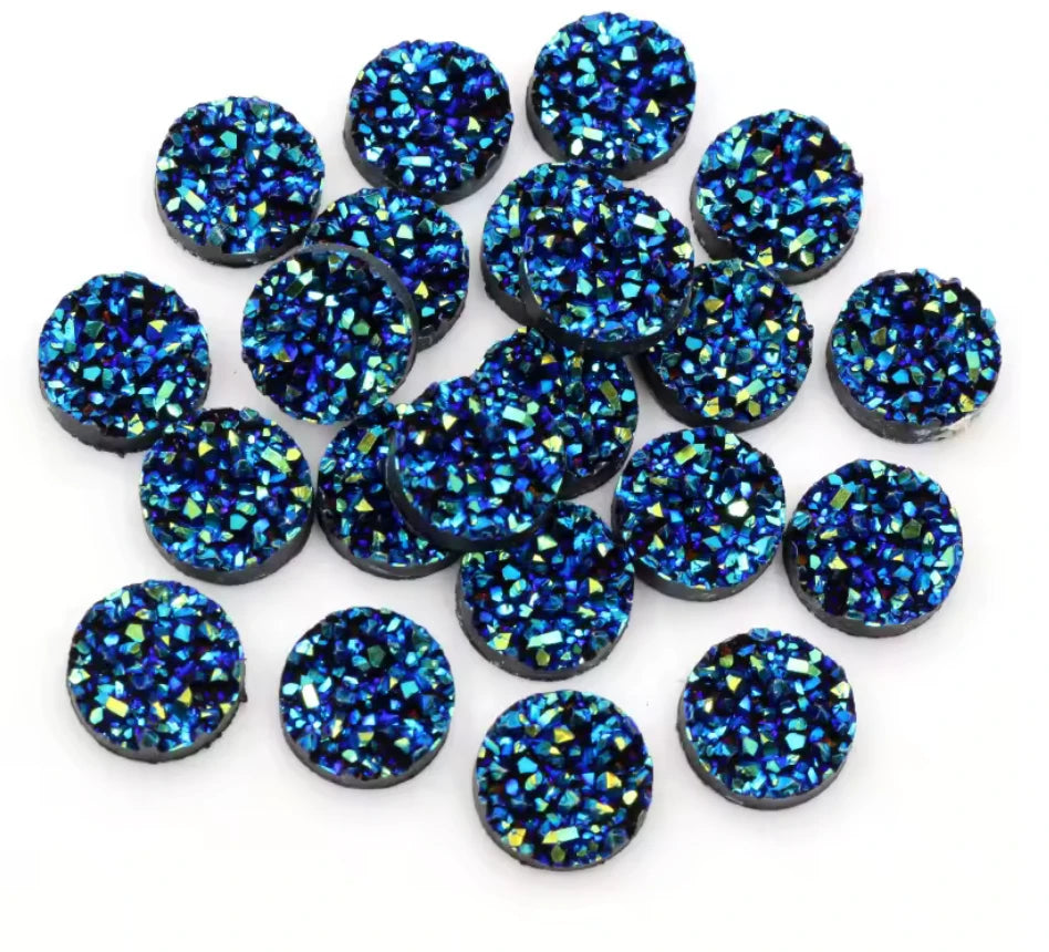 8mm Blue Metallic Textured Druzy, Glue on, Resin Gem, (Sold in Pair) Resin Gems