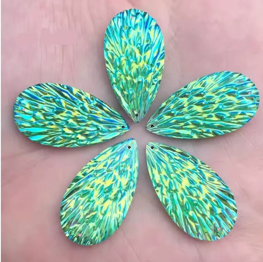 15*29mm Green AB Phoenix Texture Long Teardrop, Glue on, Resin Gem, (Sold in Pair) Resin Gems