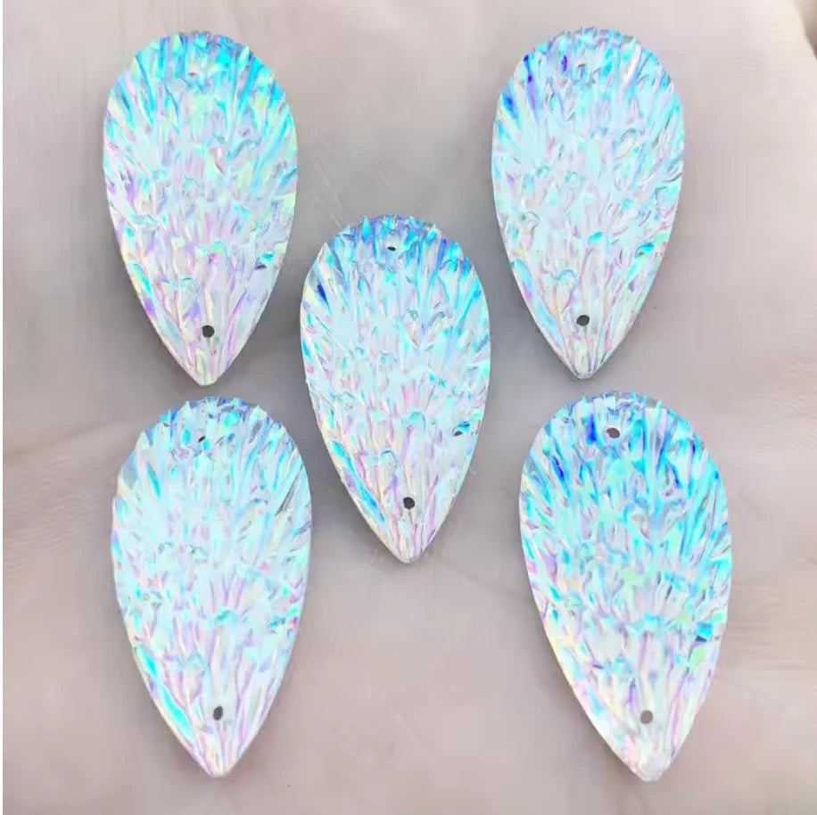 15*29mm White AB Phoenix Texture Long Teardrop, Glue on, Resin Gem, (Sold in Pair) Resin Gems