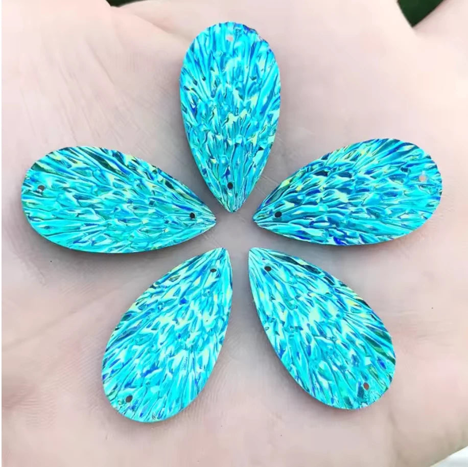 15*29mm Aqua Blue AB Phoenix Texture Long Teardrop, Glue on, Resin Gem, (Sold in Pair) Resin Gems
