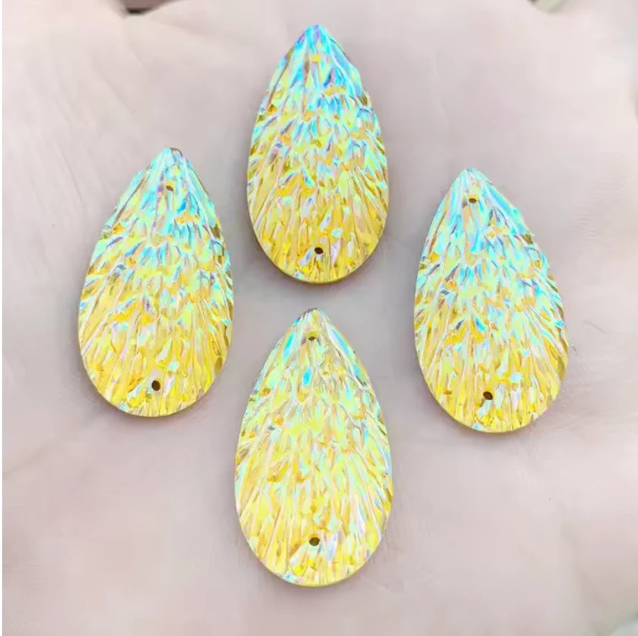 15*29mm Yellow AB Phoenix Texture Long Teardrop, Glue on, Resin Gem, (Sold in Pair) Resin Gems