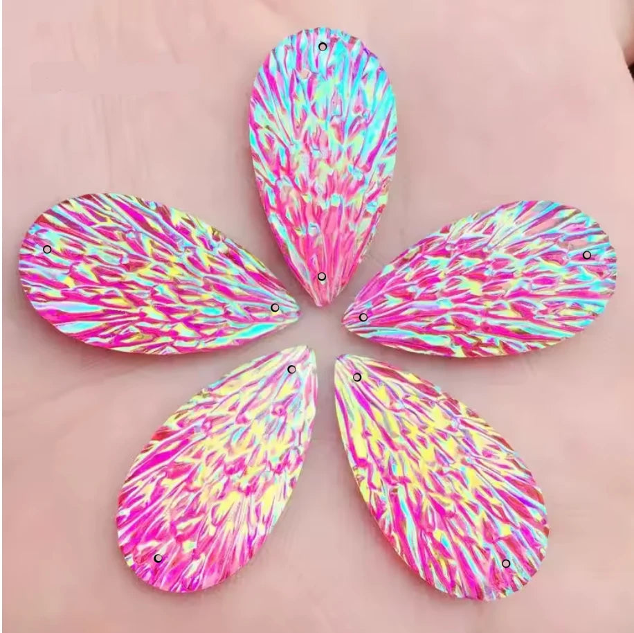 15*29mm Red Dark Pink AB Phoenix Texture Long Teardrop, Glue on, Resin Gem, (Sold in Pair) Resin Gems