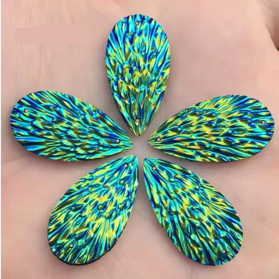 15*29mm Black/Blue AB Phoenix Texture Long Teardrop, Glue on, Resin Gem, (Sold in Pair) Resin Gems