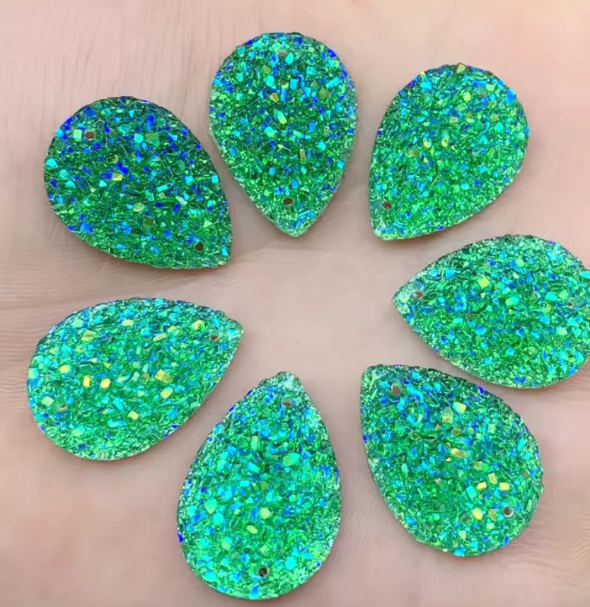 10*14mm Green Mixed Druzy Teardrop in, Glue on, Resin Gem, (Sold in Pair) Resin Gems