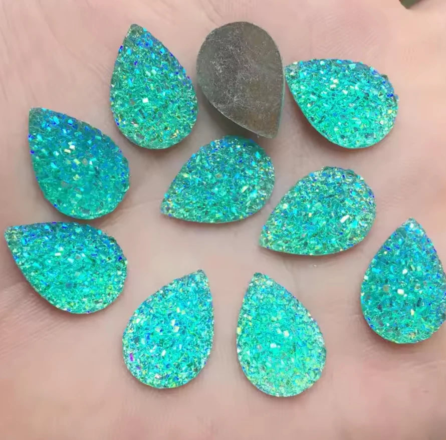 10*14mm Aqua-Green Mixed Druzy Teardrop in, Glue on, Resin Gem, (Sold in Pair) Resin Gems