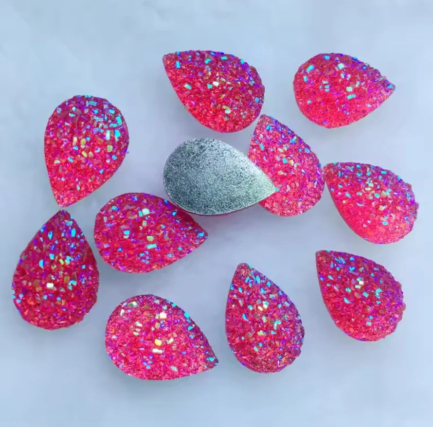 10*14mm Hot Pink Mixed Druzy Teardrop in, Glue on, Resin Gem, (Sold in Pair) Resin Gems