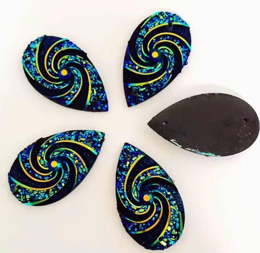16*28mm Black Blue AB Whirlwind AB Long Teardrop Flat Back, Sew On, Resin Gem, (Sold in Pair) Resin Gems