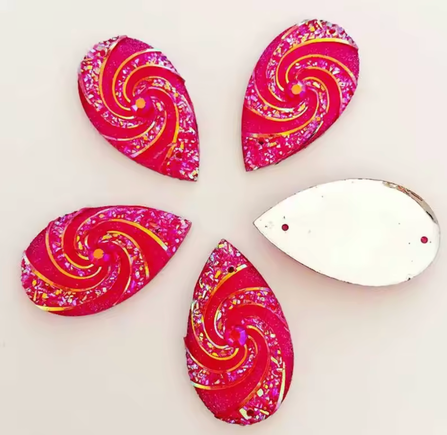 16*28mm Pink AB Whirlwind AB Long Teardrop Flat Back, Sew On, Resin Gem, (Sold in Pair) Resin Gems