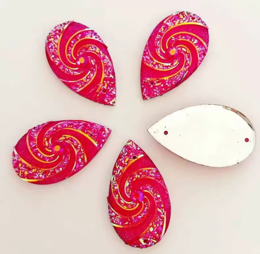 16*28mm Pink AB Whirlwind AB Long Teardrop Flat Back, Sew On, Resin Gem, (Sold in Pair) Resin Gems