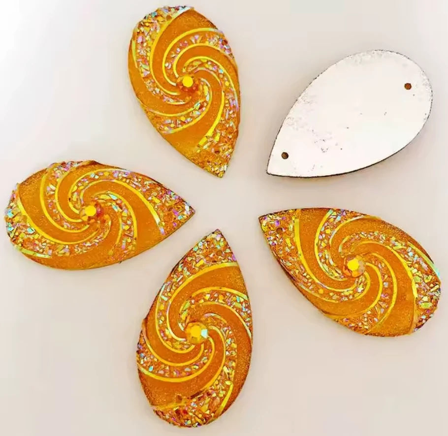 16*28mm Yellow AB Whirlwind AB Long Teardrop Flat Back, Sew On, Resin Gem, (Sold in Pair) Resin Gems