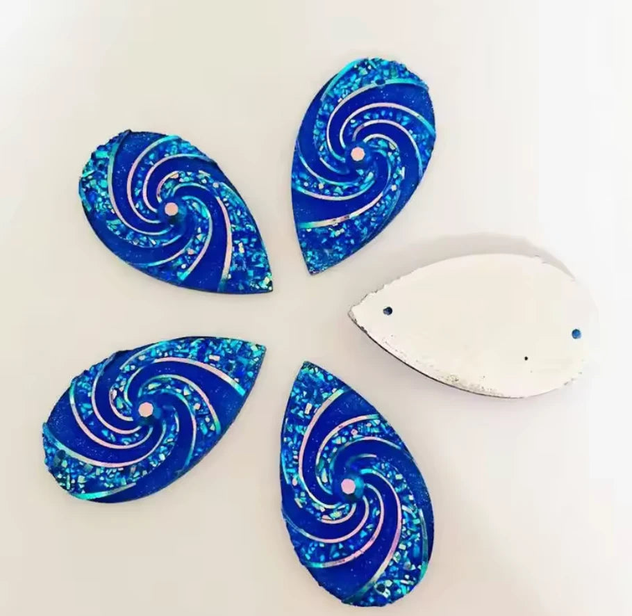 16*28mm Blue AB Whirlwind AB Long Teardrop Flat Back, Sew On, Resin Gem, (Sold in Pair) Resin Gems