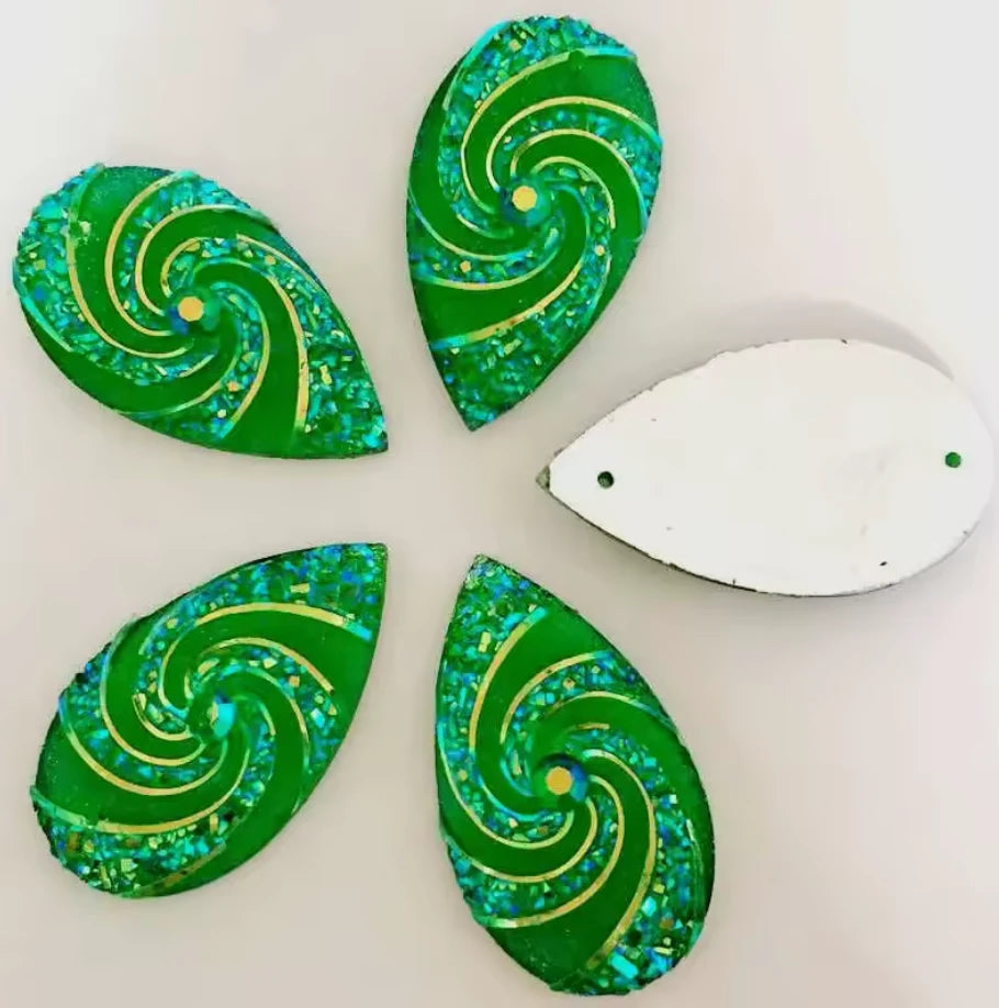 16*28mm Green AB Whirlwind AB Long Teardrop Flat Back, Sew On, Resin Gem, (Sold in Pair) Resin Gems