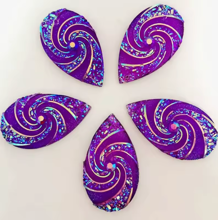 16*28mm Purple AB Whirlwind AB Long Teardrop Flat Back, Sew On, Resin Gem, (Sold in Pair) Resin Gems