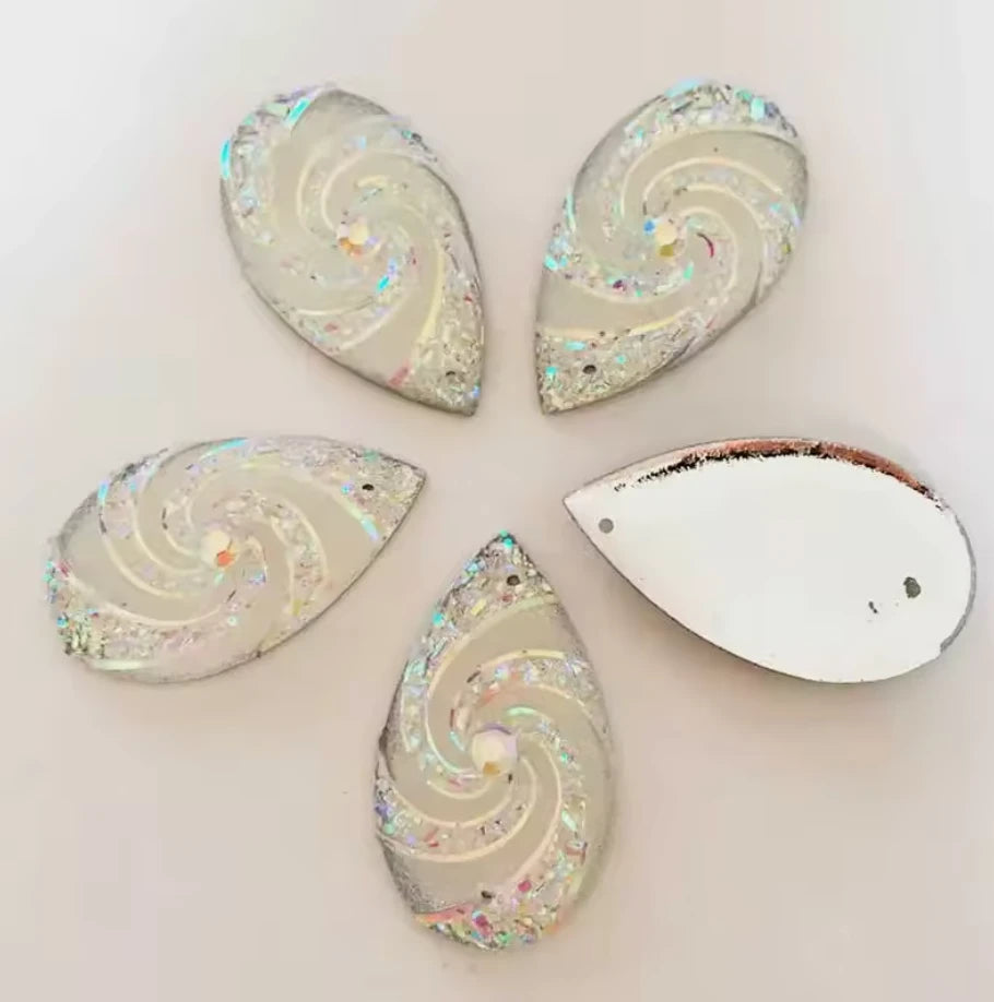 16*28mm White AB Whirlwind AB Long Teardrop Flat Back, Sew On, Resin Gem, (Sold in Pair) Resin Gems