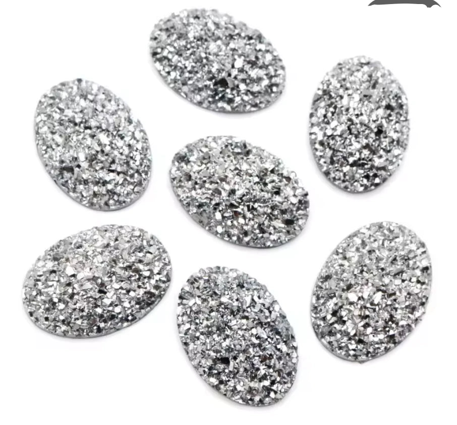 13*18mm Gunmetal Jet Metallic Black Oval Druzy, Glue on, Resin Gem, (Sold in Pair) Resin Gems